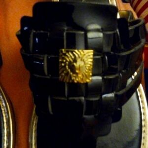 Black Woven Sandals with Gold Accent